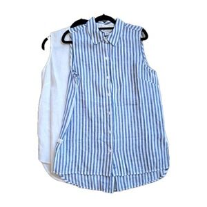 Tommy Bahama striped blue & white sleeveless  shirts sz S  Set Of 2 100% Linen